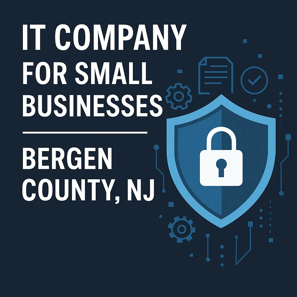 Illustration of a security shield with a padlock, with the words “IT company for small businesses, Bergen County, NJ”