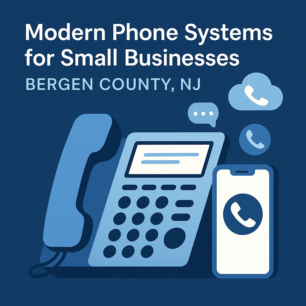 Illustration of a desk phone and a smartphone with call and cloud icons, with the words “Modern phone systems for small businesses, Bergen County, NJ”