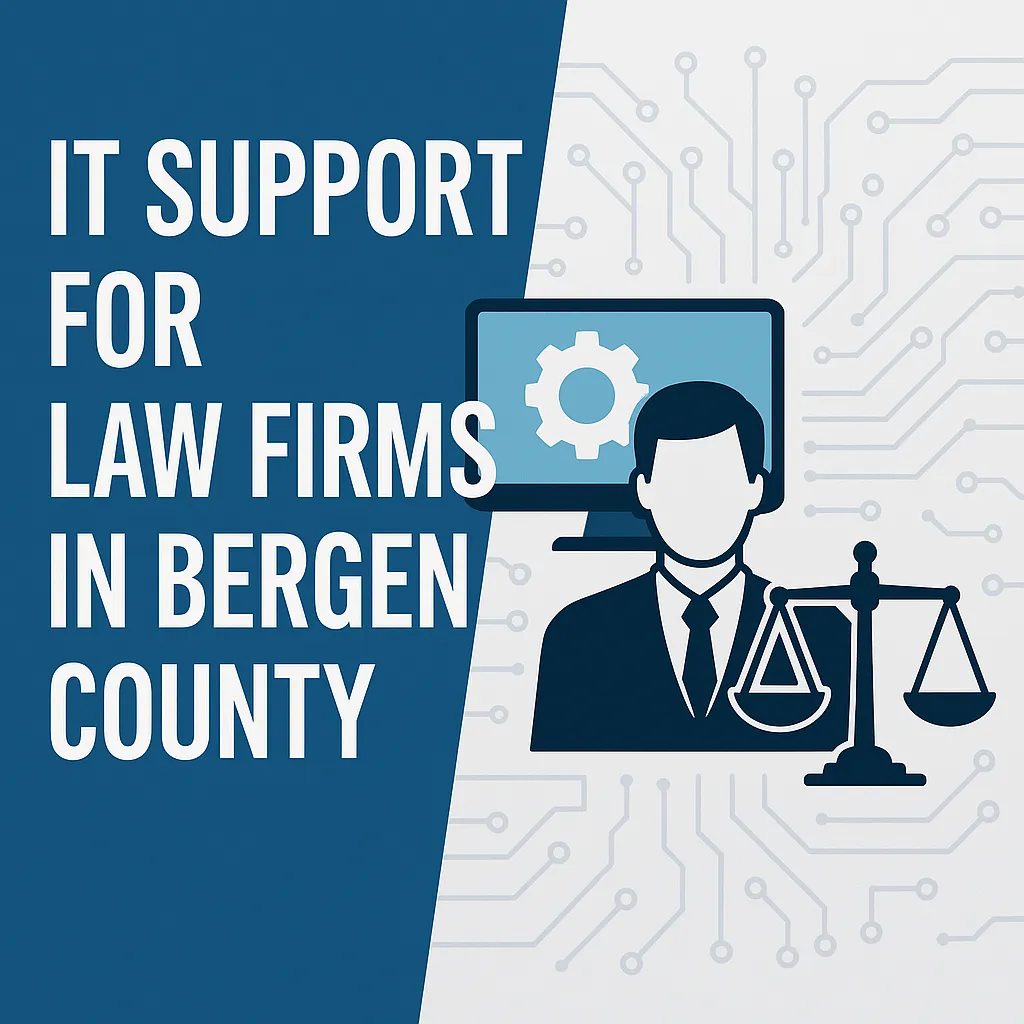 Illustration of an attorney in front of a computer monitor beside the scales of justice, with the words “IT support for law firms in Bergen County”